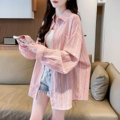 First real shot of original cloth 100 polyester sunscreen clothes women's shirt striped large size fat mm jacket