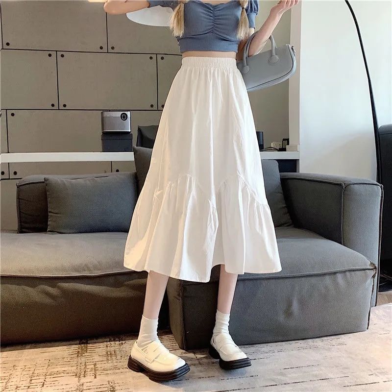 Summer 2025 New High-Waisted Loose and Slimming Umbrella Skirt Pure Desire Style Dress White A-Line Medium-Length Skirt for Women