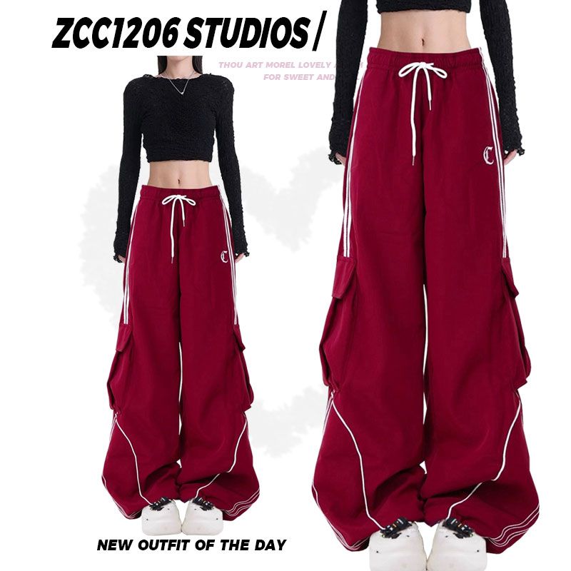 Street dance black drawstring wide-leg loose casual work pocket sports pants for women spring trendy hip-hop floor pants