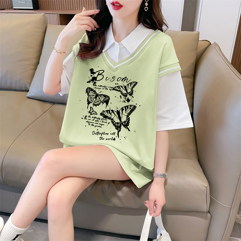 首發實拍斜紋拉架假兩件短袖T恤女夏新款寬鬆上衣潮牌質量