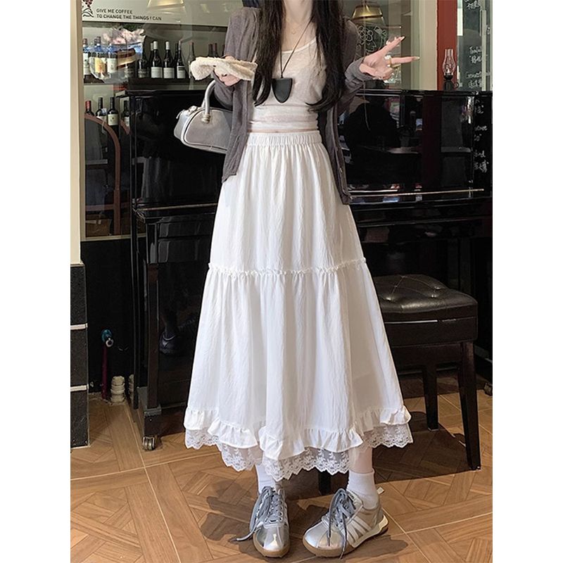 白色蕾絲花邊半身裙女春夏2025新款小個子高腰a字大擺傘裙中長裙