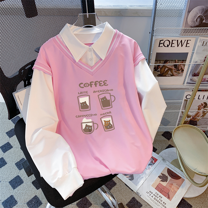 Real photo of the street back bag collar twill thin POLO collar sweatshirt for women cartoon long-sleeved jacket design top internet celebrity