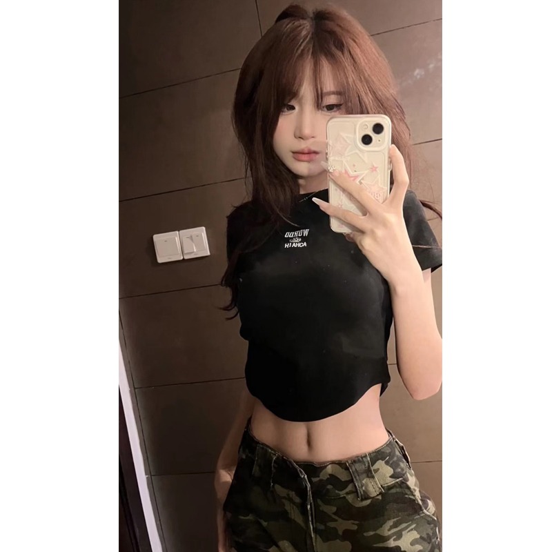 Embroidery 40 92 cotton 8 spandex quality unique niche design short top for women