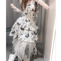 法式設計感蝴蝶印花吊帶連衣裙女夏季不規則網紗半身裙時尚套裝裙