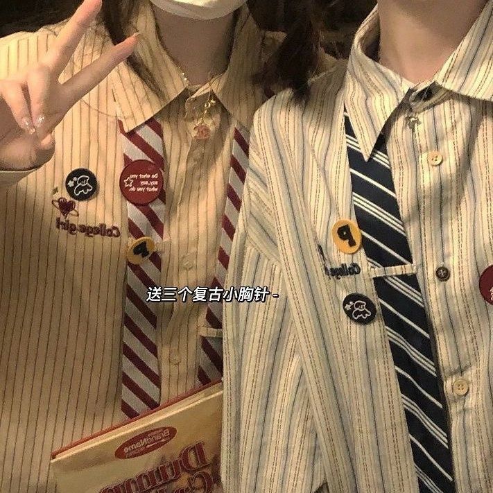 條紋襯衫女秋季新款學院風寬鬆古着vintage感學生領帶襯衣閨蜜裝