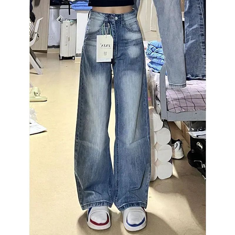 Retro wash niche white straight jeans for women in autumn and winter new high-waist loose slim blue wide-leg trousers