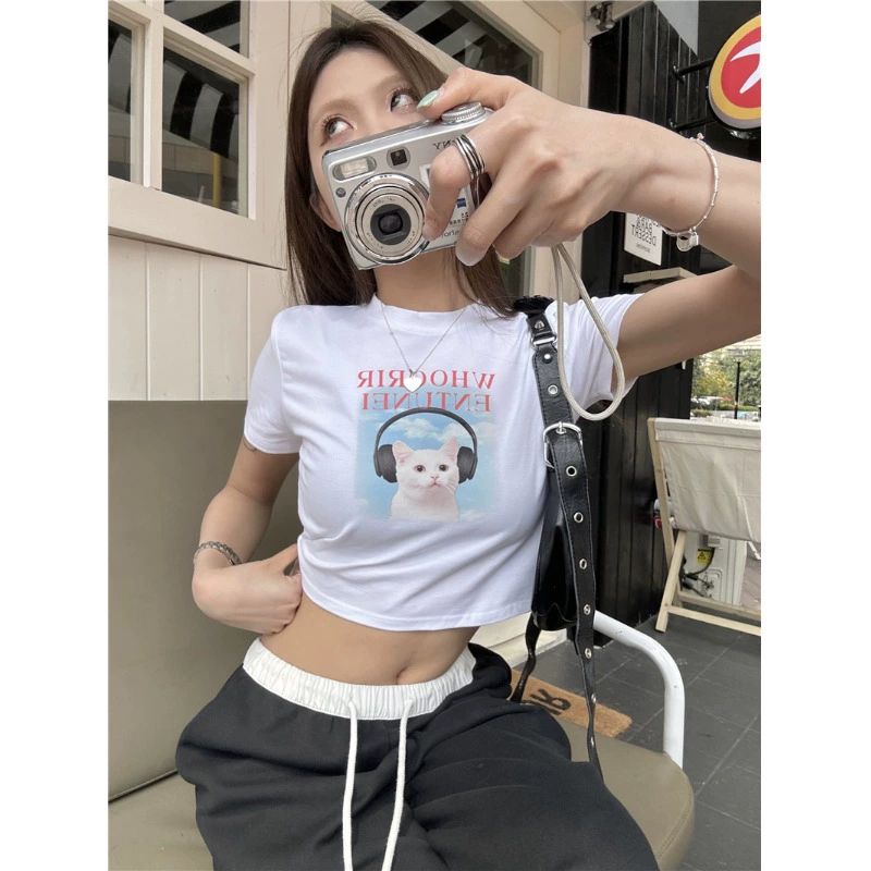 外貿原版夏季新款韓版甜辣風短款短袖t恤女復古修身甜辣風ins上衣