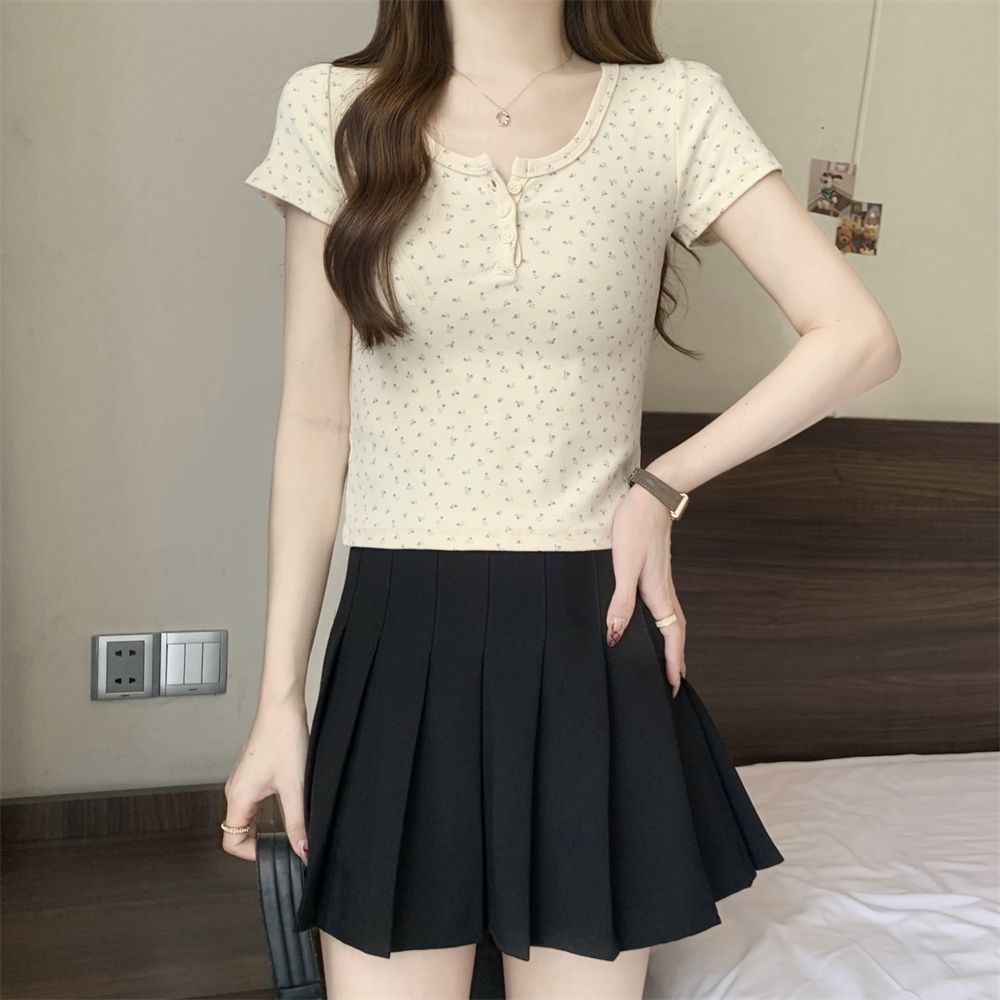 Real shot 40 pure cotton 210g 92 cotton/8 spandex short-sleeved T-shirt for women's button floral cloth