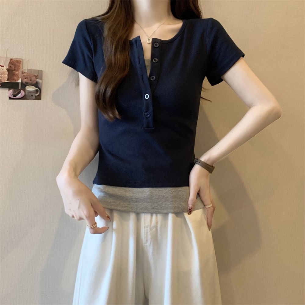 Real shot 40 pure cotton 210g 92 cotton/8 spandex short-sleeved women's T-shirt fake two-piece braid