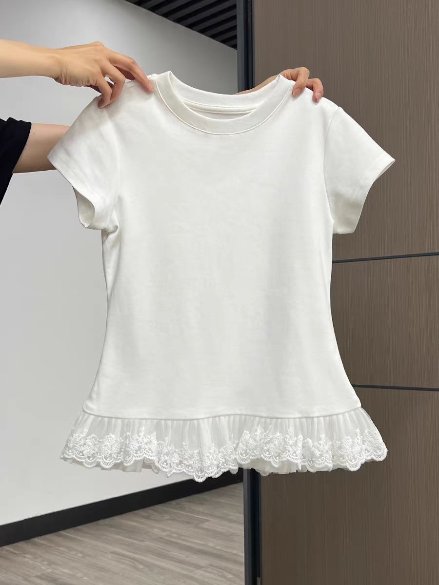 隨心裁 260克白色圓領蕾絲邊拼接短袖t恤女