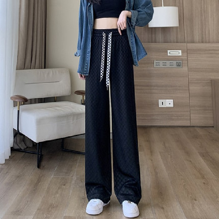 外貿原版韓版新款夏季薄款冰絲闊腿褲女高腰休閒褲寬鬆拖地直筒褲