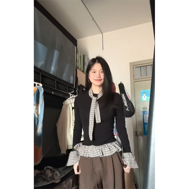 假兩件格紋拼接黑色打底衫女秋冬季洋氣內搭修身辣妹長袖t恤上衣