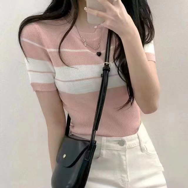 2025 summer new Korean style fashionable simple round neck striped versatile short-sleeved top for women