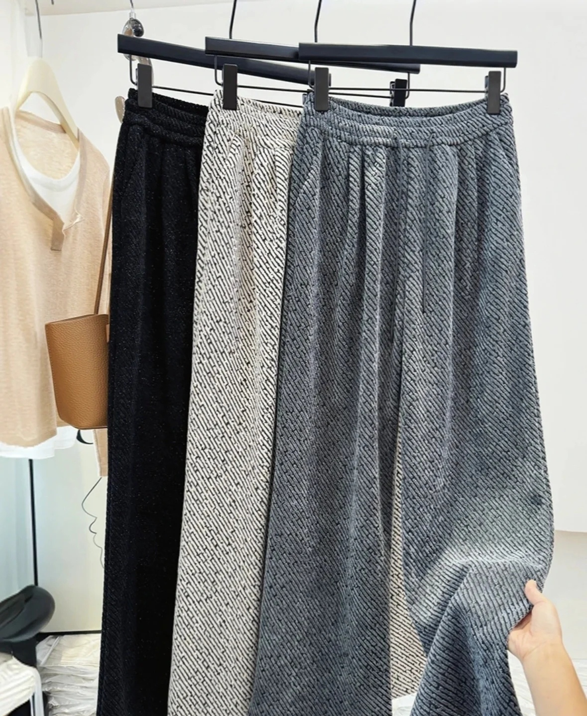 Foreign trade high-quality three-dimensional waist bag chenille wide-leg pants high-waist casual pants European cotton lint simple versatile straight tube