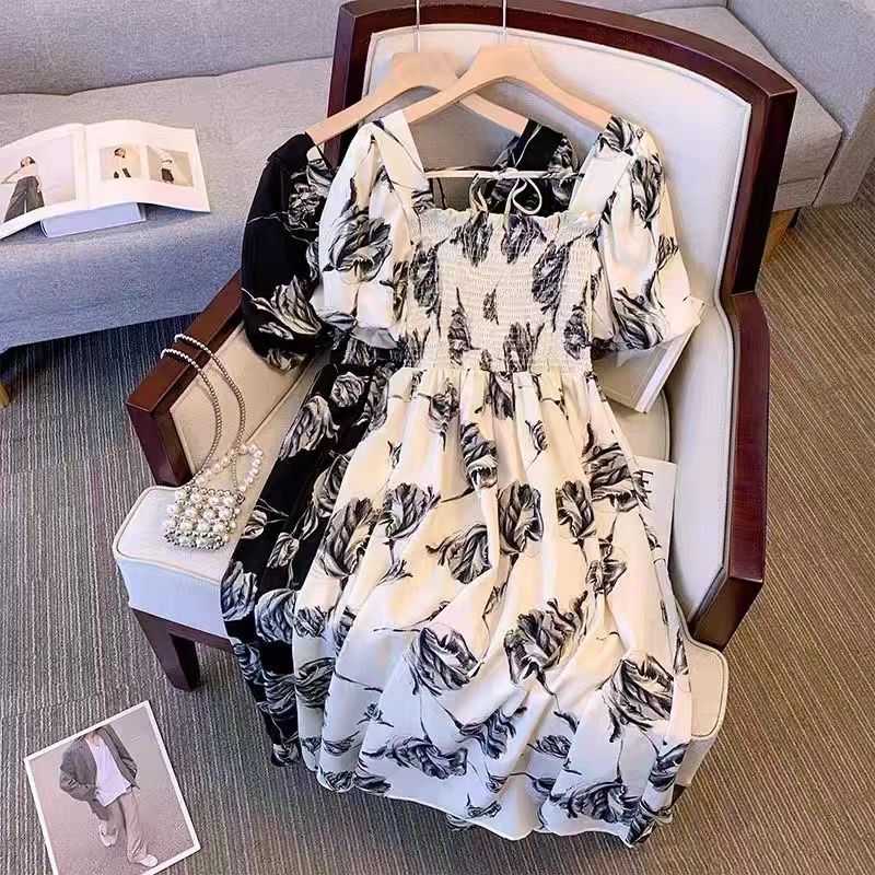 Design-sensory square collar high waist printed dress for women's summer new large size fat mm waist slimming puff sleeve skirt