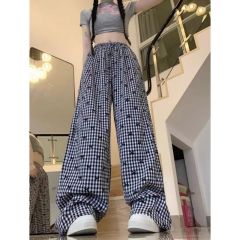 復古格子蝴蝶結刺繡休閒褲女2025夏季新款高腰顯瘦寬鬆闊腿褲褲子