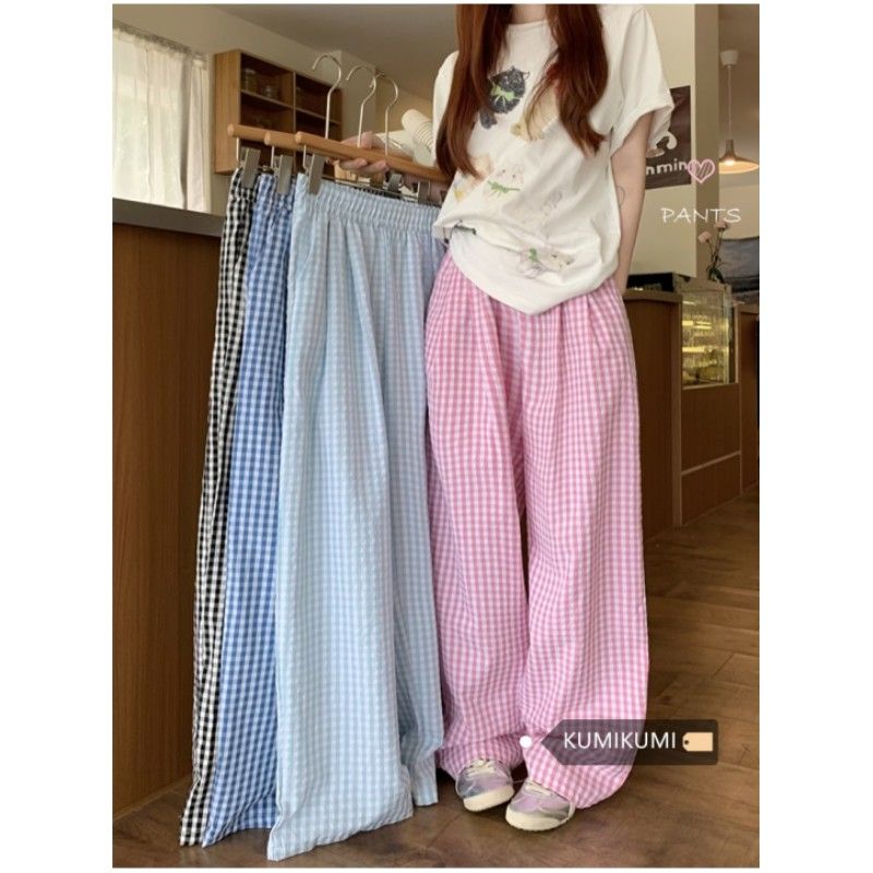 plaid contrast color drape loose casual Yamamoto pants for women in summer high waist straight-leg pants floor trousers