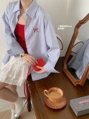 官圖 原版做工 三標齊 藍色條紋刺繡襯衫女春秋時尚百搭減齡襯衣