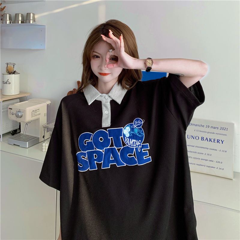Real shot 65 waffle waffle T-shirt short-sleeved summer trendy versatile Polo collar top