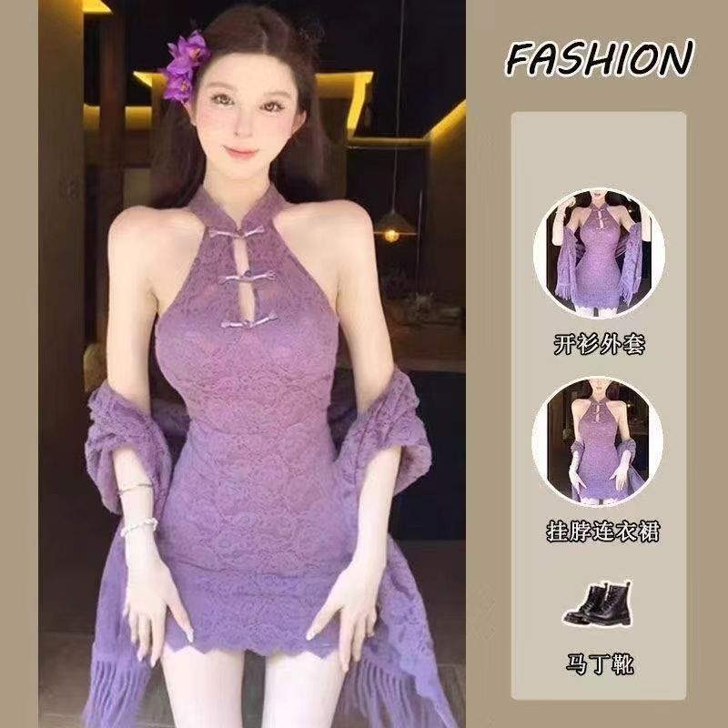 New Chinese style hollow out shoulder lace dress for women spring and summer new slimming fringed shawl two-piece set 
