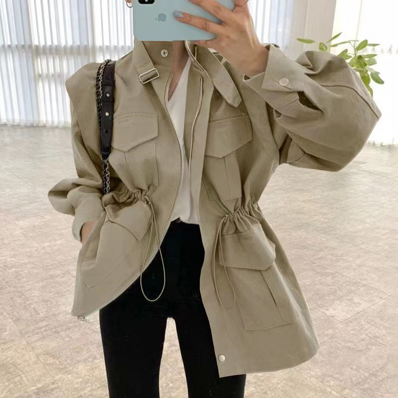 2025 South Korean chic retro stand-up collar multi-pocket drawstring cinched waist slimming medium-length workwear jacket for women