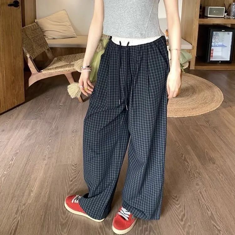 ins Lazy Striped Wide Leg Pants Women's 2025 Summer Korean New High Waist Loose Casual Straight Sliding Pants