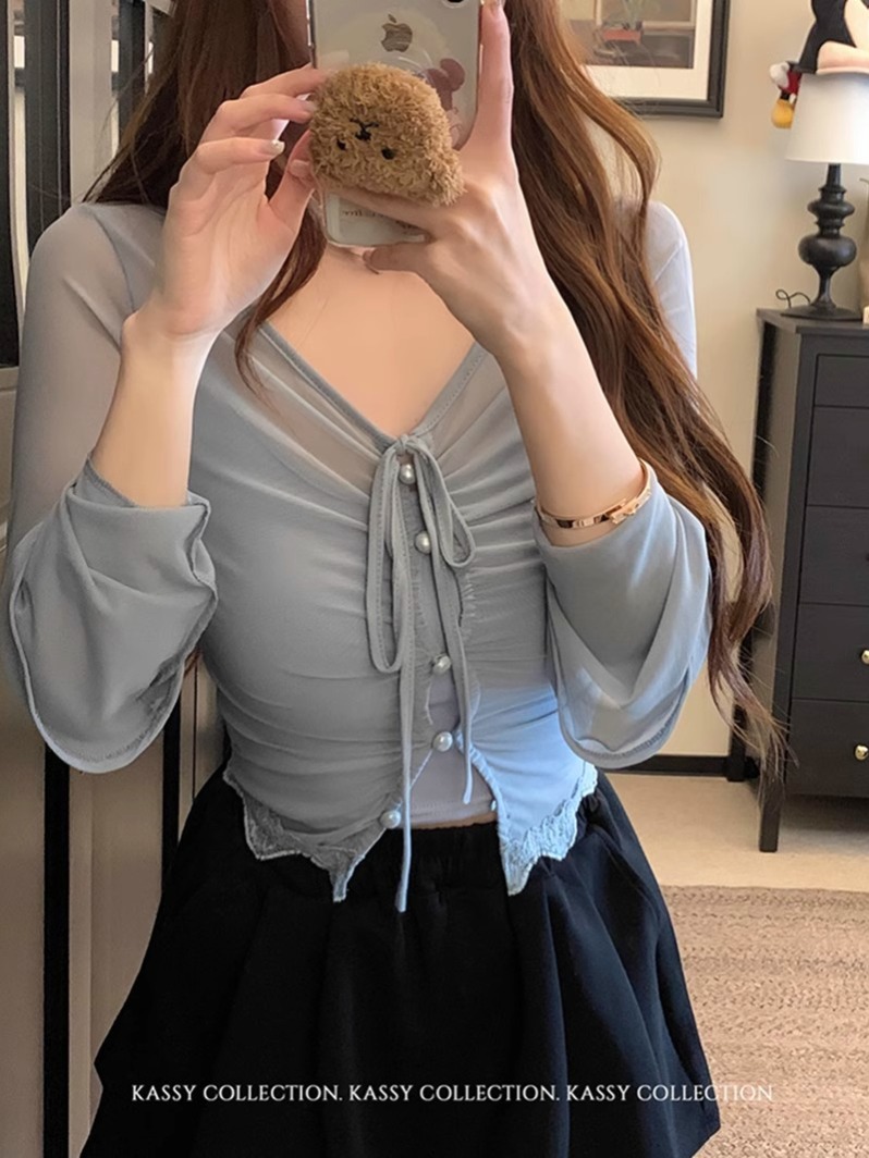 Long-sleeved cardigan top for women in summer chic sweet and spicy suit inner strap two-piece set
