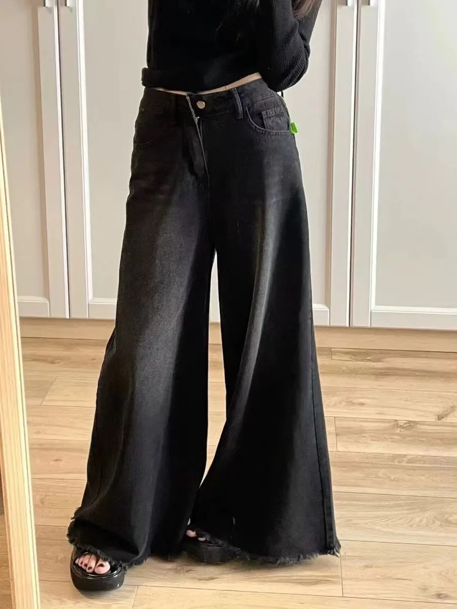 復古黑灰春夏闊腿毛邊牛仔褲女美式顯瘦新款小個子寬鬆高腰拖地褲