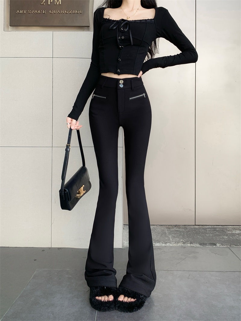 Real shot!  !  Black micro-flare casual pants for women slim elastic high waist floor pants