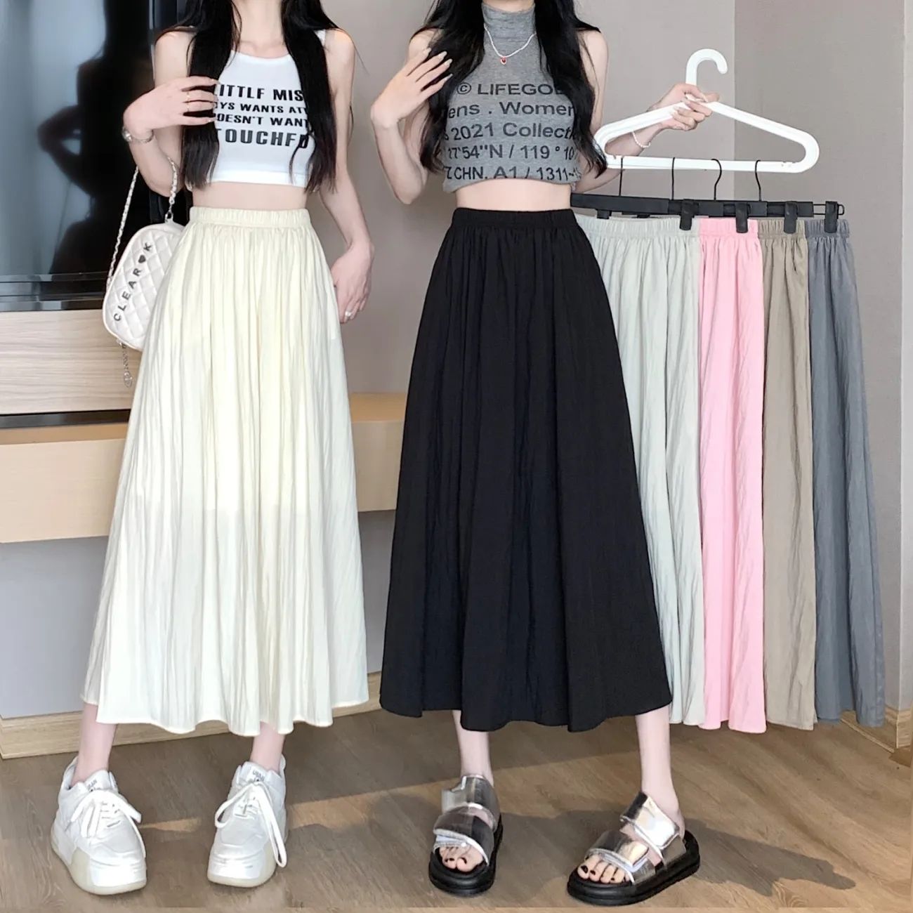 Structure-sensing ice silk skirt for women, summer thin 2025 new slim mid-length hip-covering A-line skirt tensile skirt