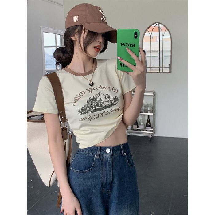 2025 contrasting color front shoulder round neck short-sleeved T-shirt for women, fashionable and versatile age-reducing slim top base shirt summer
