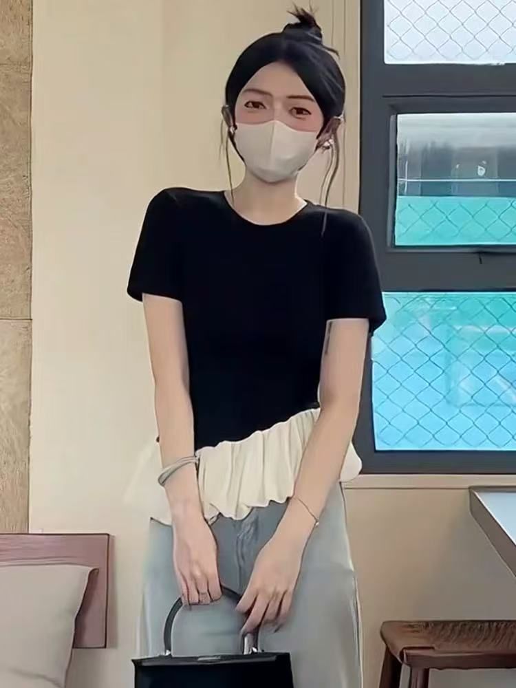 40支純棉假兩件拼接蓬蓬花邊夏季設計感修身小個子