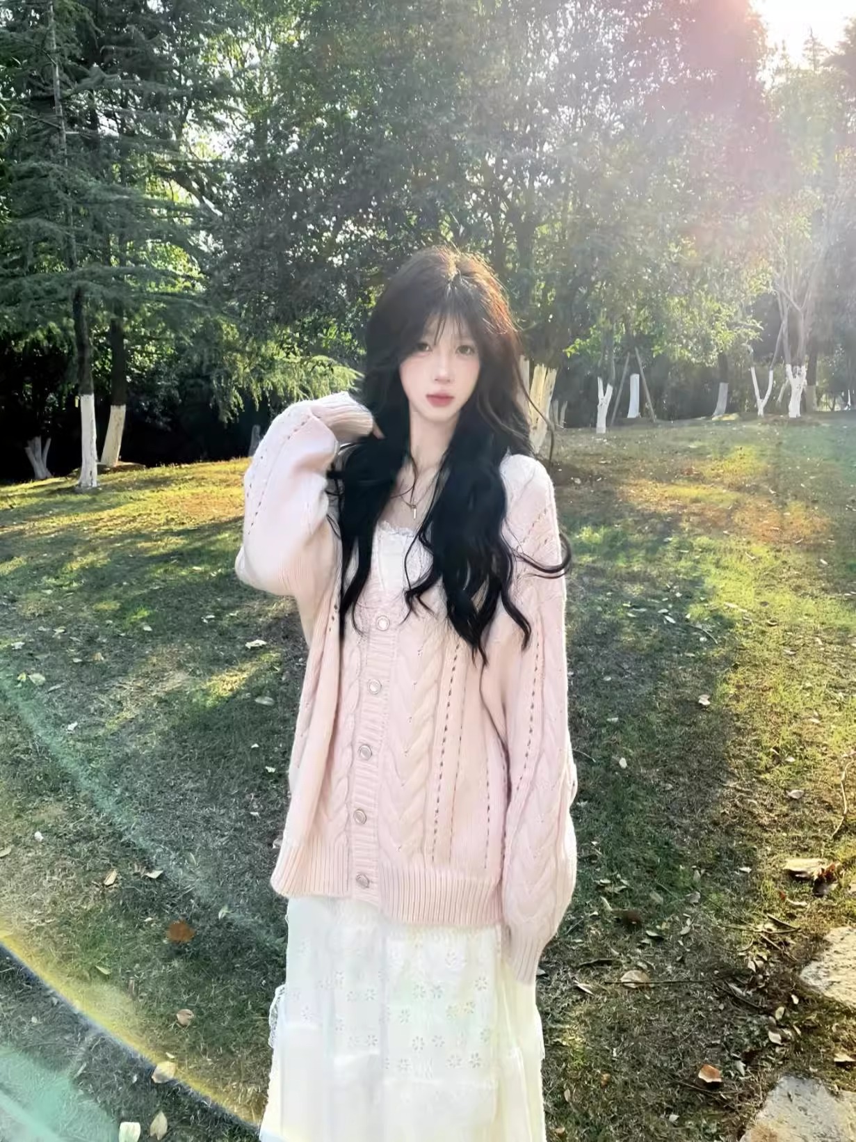 Peach pink tea break V-neck sweater slim cardigan for women 2025 early spring loose lazy soft glutinous twisted sweater