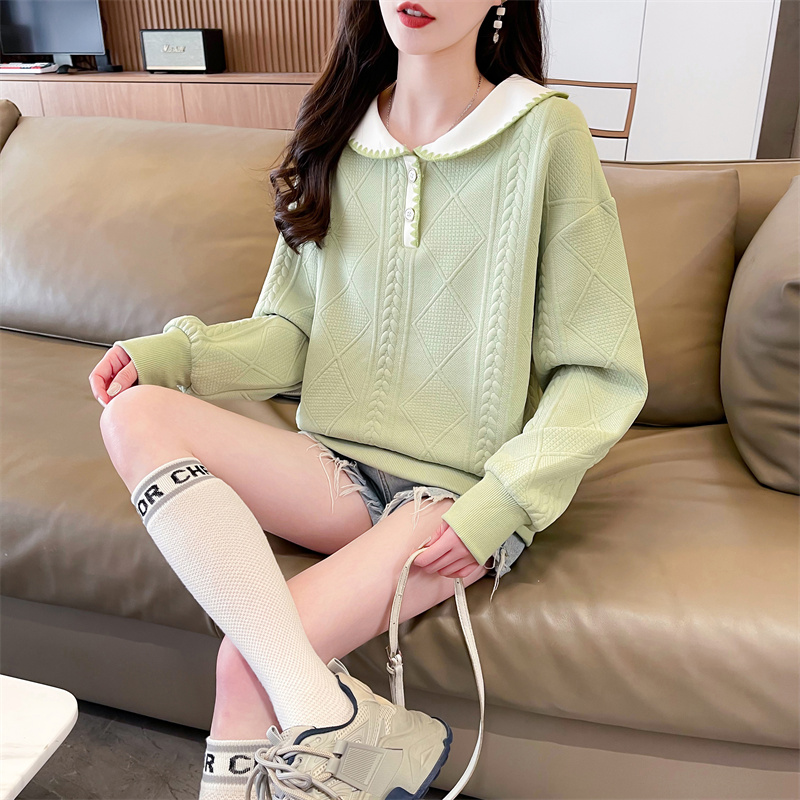 Real shot original jacquard fake two-piece large-size women's spring and autumn thin long-sleeved sweatshirt women's loose design top