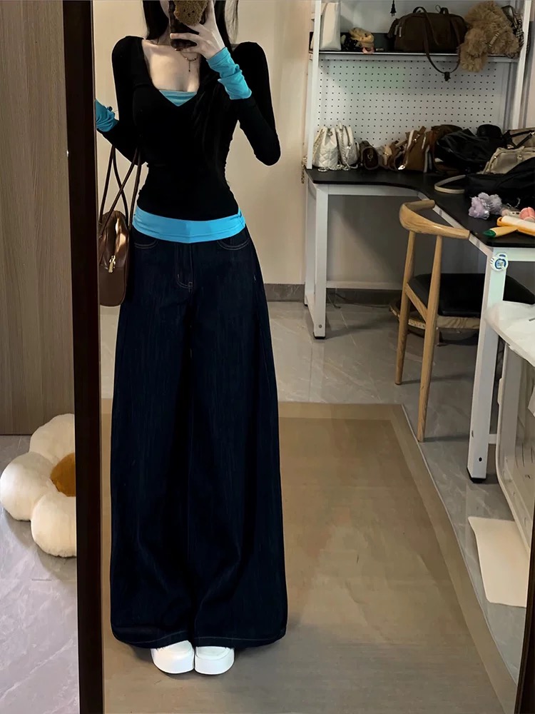 E7Q8 American hot girl fake two-piece long-sleeved T-shirt for women with slim fit and contrasting color splicing versatile long-sleeved inner top