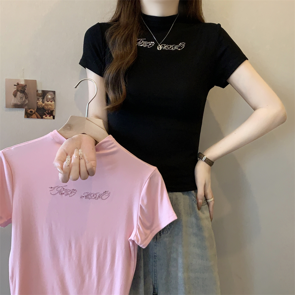 Real shot 40 pure cotton 210g 92 cotton/8 spandex short-sleeved T-shirt for women half high neck iron diamond