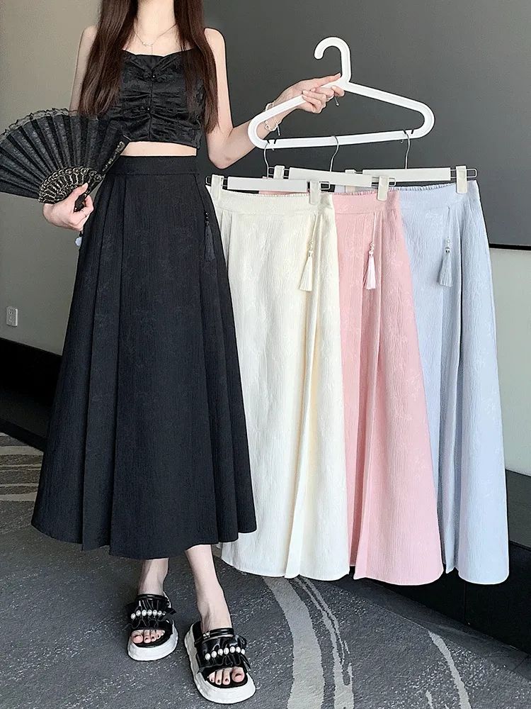 New Chinese style jacquard skirt with small body can be worn with elastic waist and temperament, slimming and improved horse-face pleated skirt trend