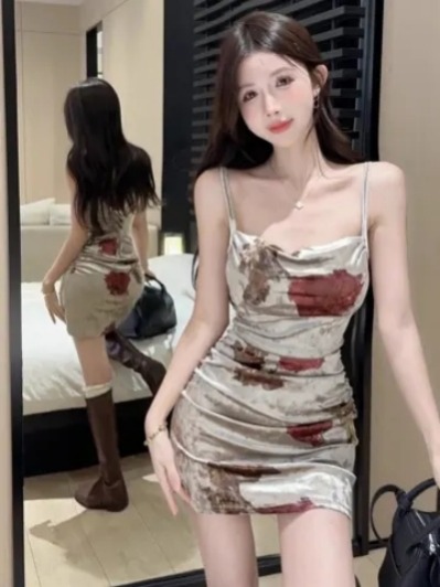 Hot girl printed suspender dress for women new style design pure slim hip-packing base skirt summer new style