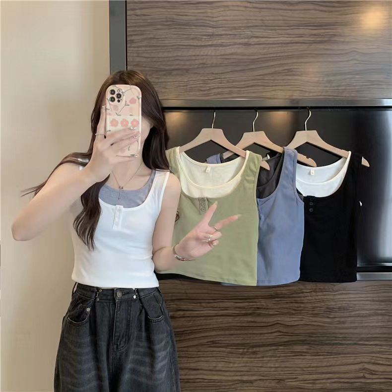 Real shot of pure cotton fake two-piece suspender vest for women