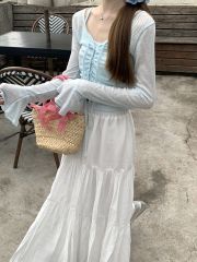 Real photo of three-standard design lace-up flare sleeve mesh real two-piece shirt top