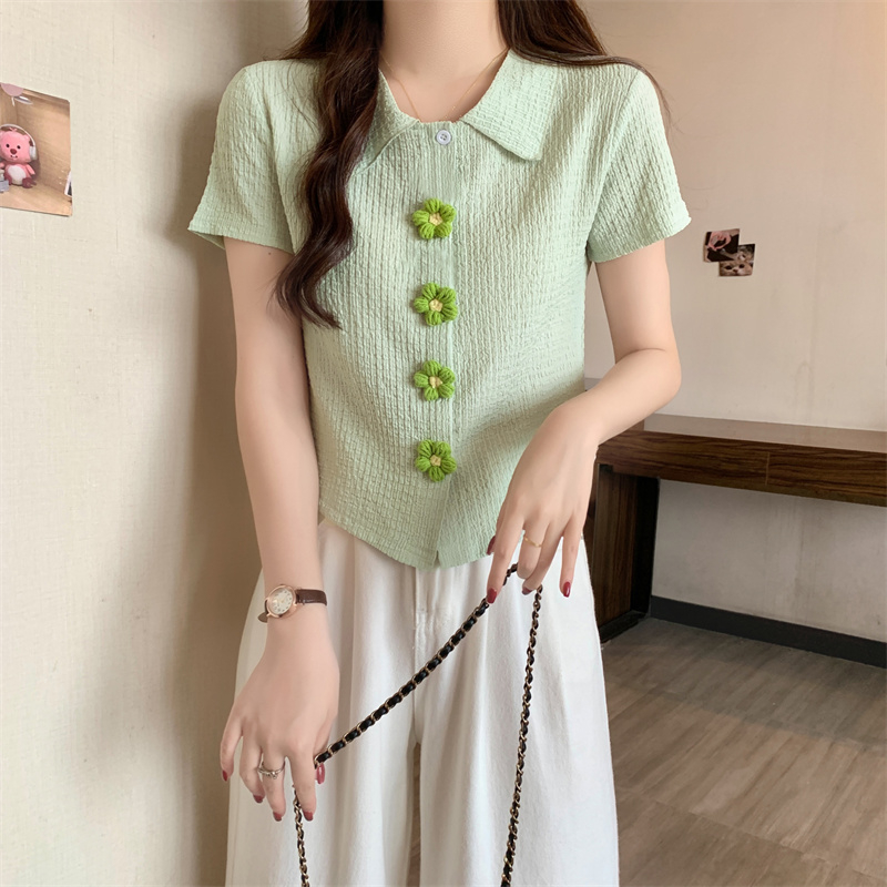 實拍竹節皺提花夏季新款褶皺翻領設計感小眾不規則短袖T恤女