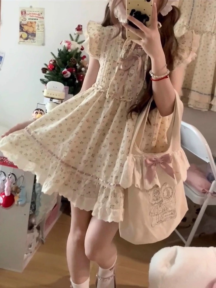 小個子初戀蛋糕碎花裙修身顯瘦飛飛袖純欲芭蕾風圓領仙女裙女