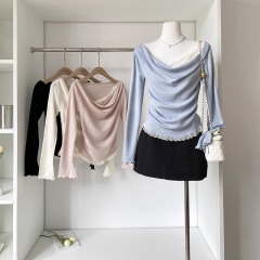 Lace spliced ​​round neck trumpet long sleeve blue T-shirt for women 2025 spring new Korean version versatile pullover top