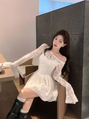 Real shot!  !  Lace dress for women Korean style design waist-hugging short skirt fake two-piece off-shoulder A-line skirt