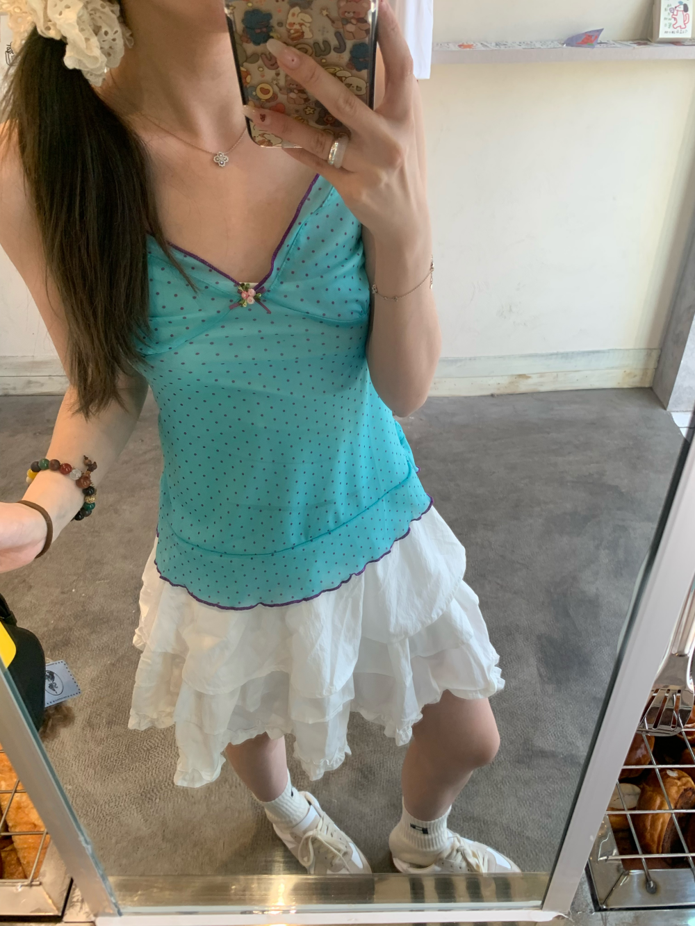 Real photo of lace spliced ​​polka dot bow V-neck mesh slightly transparent top + irregular versatile short skirt