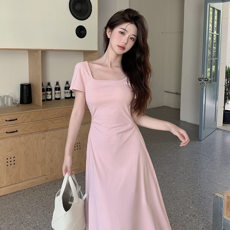 2025 summer new short-sleeved waist-hugging dress with a slim hip-packing dress with hollow bow on the back