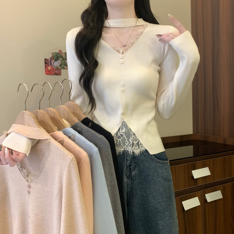 實拍 早春新款法式設計感蕾絲拼接性感氣質軟糯V領針織衫上衣