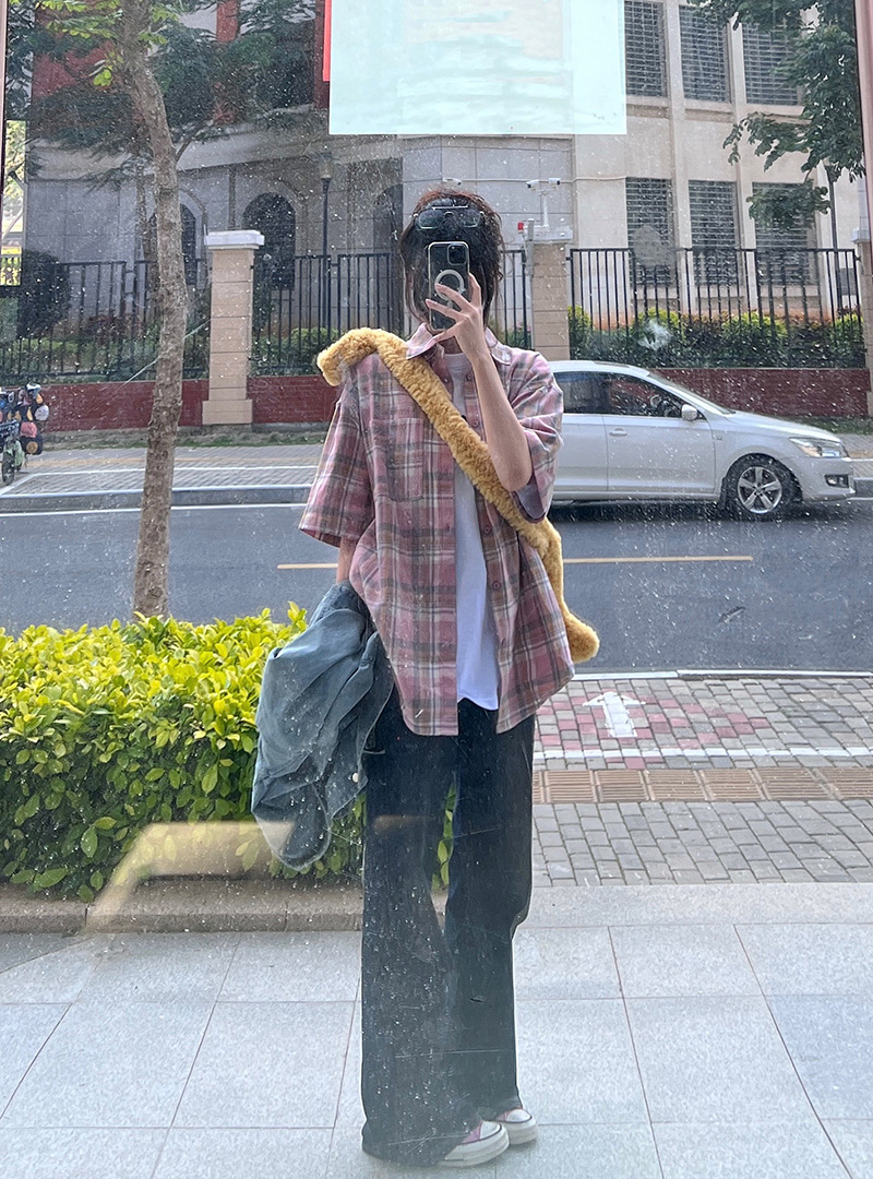 Original fabric embroidery quality retro contrasting color versatile loose plaid embroidery hiphop shirt for women