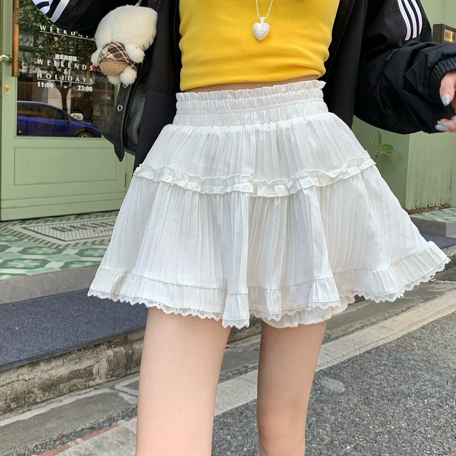 原版做法小清新甜美褶皺高腰半身裙女春季A字顯瘦蓬蓬裙褲ins