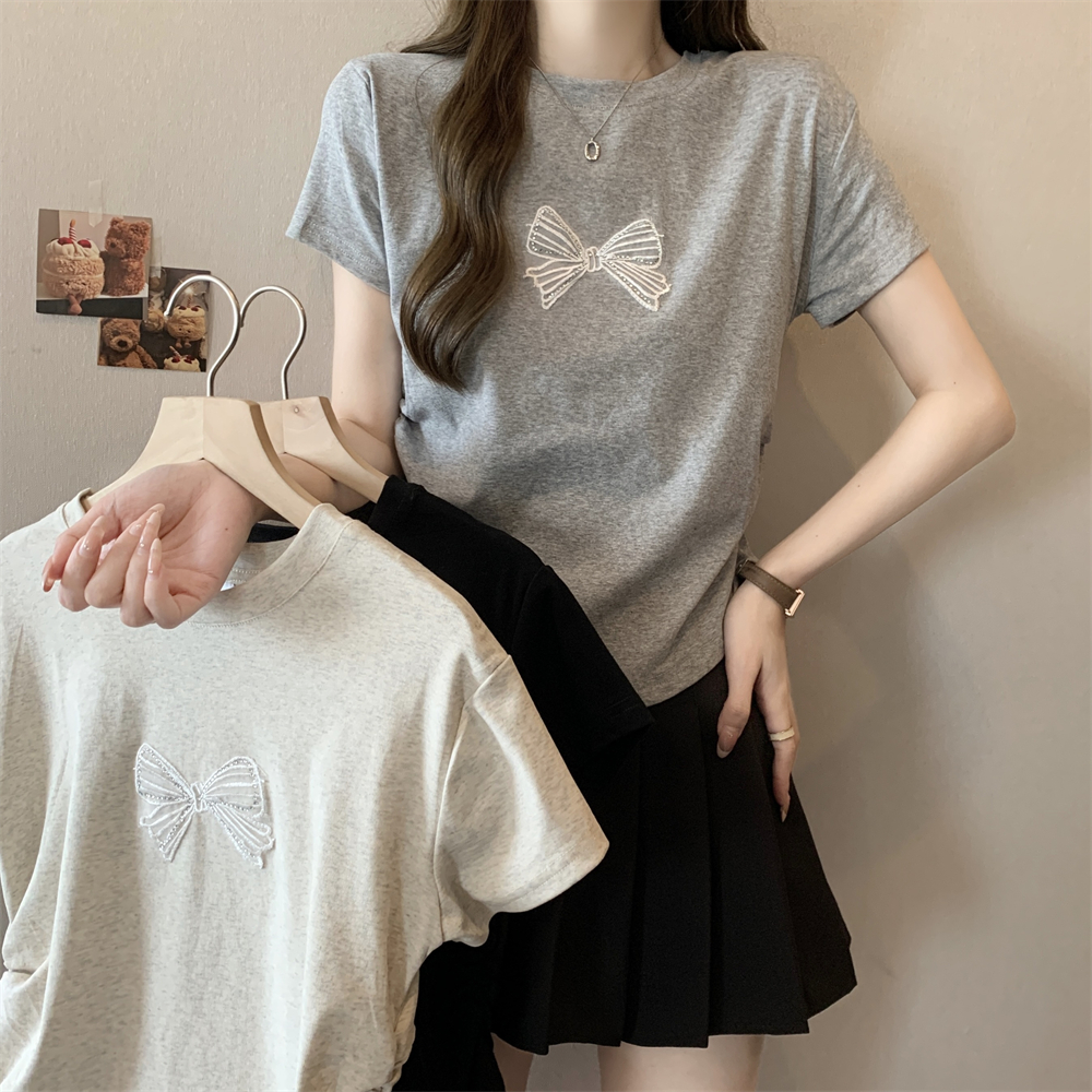實拍 夏季韓版圓領刺繡燙鑽蝴蝶結打底衫女新款純棉短袖T恤上衣女